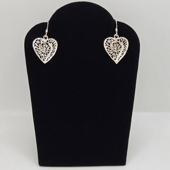 Vintage Sterling Silver Heart Earrings Diamond Cut Open Work Ornate Boho Classic - Picture 1 of 13